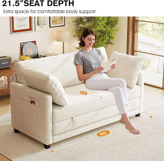 65 Loveseat Sleeper Sofa Bed Chenille Convertible Sofa Bed for Small Spaces Folding Couch Bed with Deep Seat Solid Frame Pull Out Floor Couches for Living Room Beige