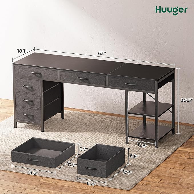 Huuger Computer Desk with 6 Drawers 63 Inch Office Desk with Shelves Reversible Gaming Desk Corner Desk with Storage for Home Office Study Living Room Black