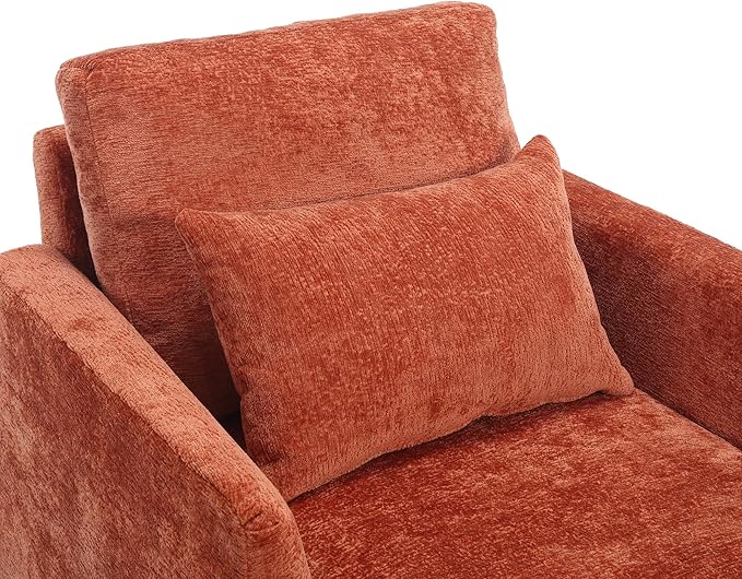 Mid Century Modern Accent ChairsChenille Upholstered Armchair with Rubber Wooden LegsComfy Reading Chairs with Scooped Arms for Living RoomBedroom (Dark Orange)