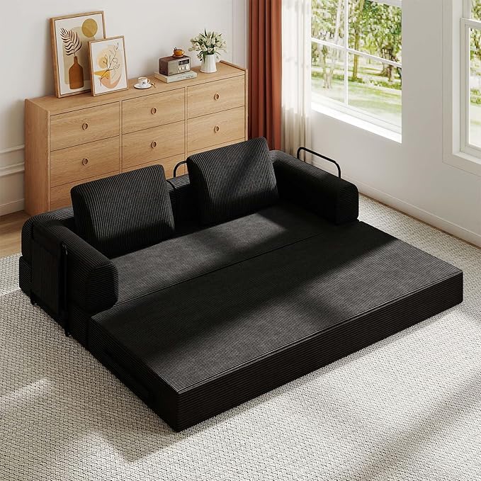 Convertible Sleeper Sofa Bed 3-Seat Corduroy Futon Couch with Cylindrical Pillow Foldable Mattress for Living Room &amp Bedroom 79 Inch Multi-Functional Sofa (Black)