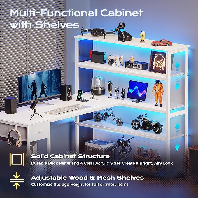 PRAISUN 57 Inch L Shaped Gaming Computer Desk with Larger Open Cabinet Reverisble Office Desk with Power Outlets LED Lights Work Desk Fabric Drawer Adjustable Wood and Mesh Shelf White