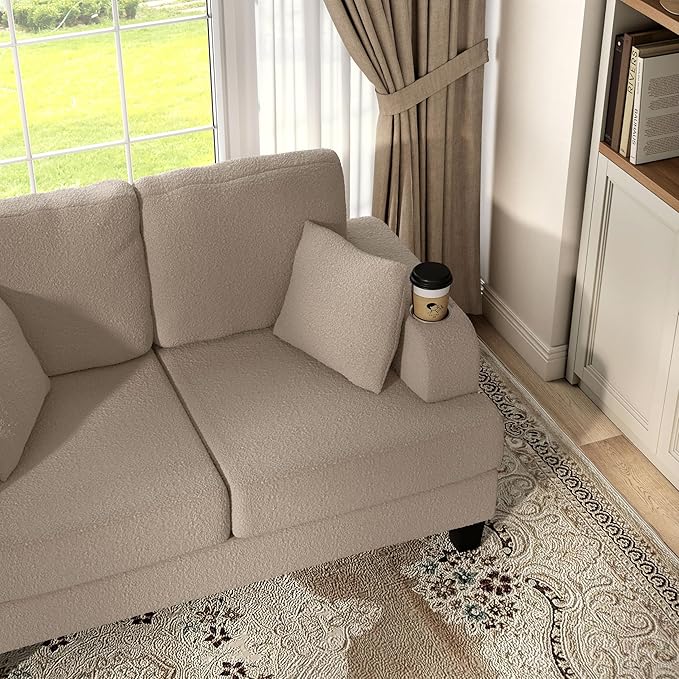 Homes: Inside + Out Reese Modern Plush Boucle Comfortable Loveseat with Side Pockets Cup Holders and Pillows Wooden Soft Couch for Living Room Bedroom and Office Beige