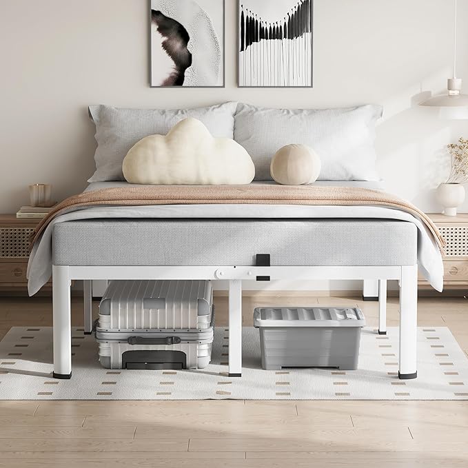18 Inch King Size White Bed Frame 3500Lbs Heavy Duty Metal Platform with Round Corner Legs Mattress Slide Stopper Steel Slat Support No Box Spring Needed Noise Free Non-Slip Easy Assembly