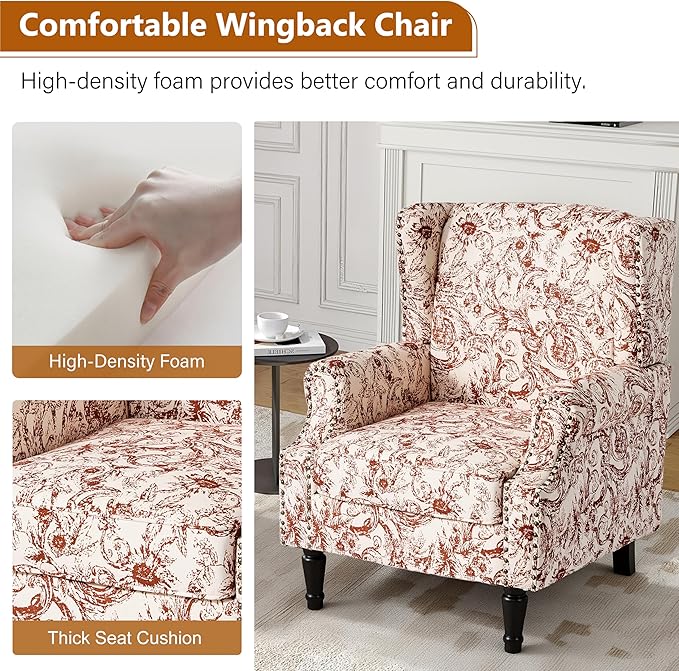 Wingback Accent Chair High Back Upholstered Armchair Printed Fabric Wingback Arm Chair with Wood Legs Single Sofa Reading Chair for Bedroom Living Room Rococo Orange