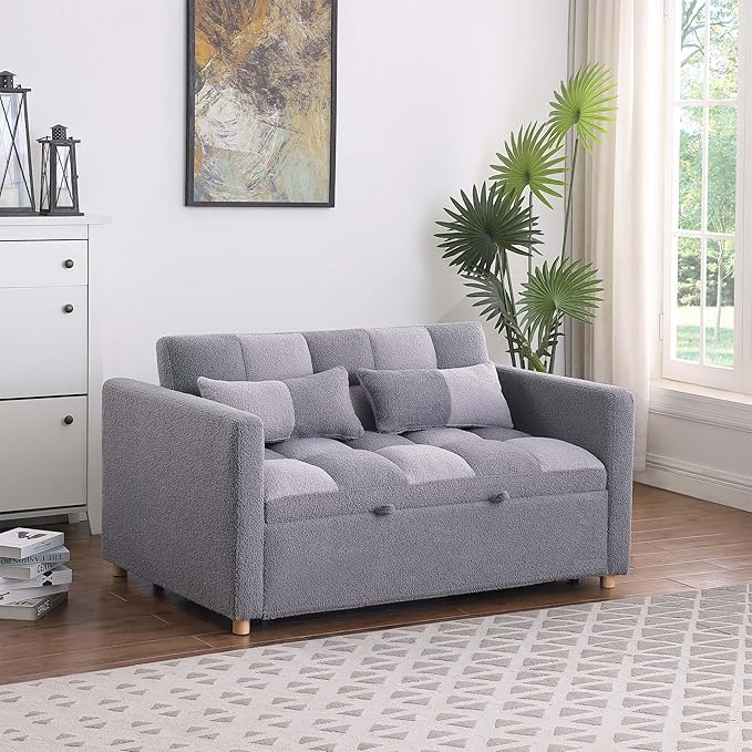 Loveseat Sleeper Sofa Bed Pull Out Couch with Adjustable Backrest and Soft Fabric Deal for Living Room and Small Spaces Grey