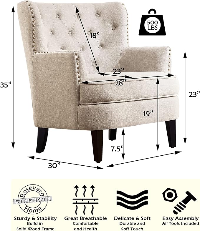 Rosevara Atlas Mid-Century Modern Accent Chair - Upholstered Tufted Armchair with Soft Cushion for Living Room Bedroom &amp Small Spaces