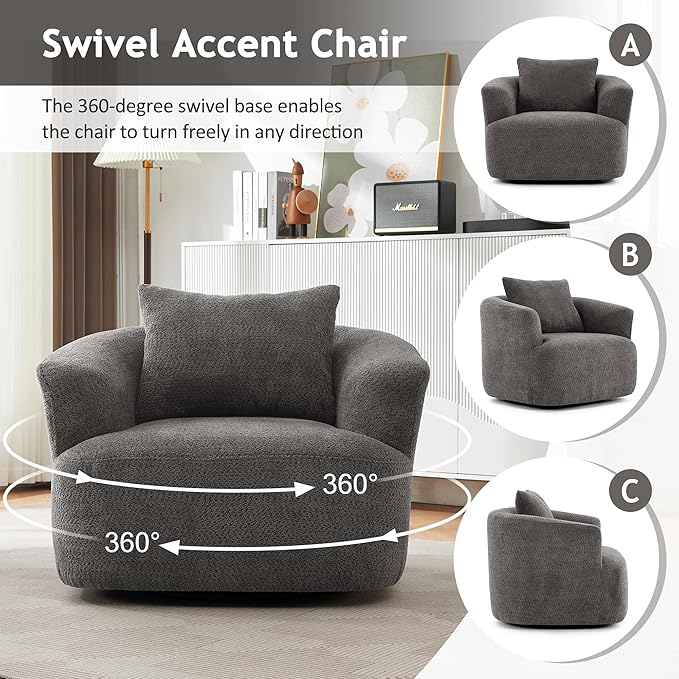 360° Swivel Chair 38.2 Accent Chair Sofa Upholstered Swivel Barrel Sofa Chair with a Throw Pillow for Living Room Bedroom Office and Hotel Grey