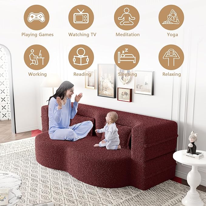 Aoowow Folding Sofa Bed 78” Convertible Sleeper Sofa with Pillows Modern Teddy Fabric Floor Loveseat Couch Comfy Foam Filled Couches Folding Mattress for Living RoomBurgundy