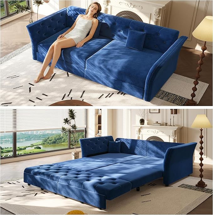 74.4 Queen Size Sleeper Sofa Bed 3-in-1 Convertible Pull Out Chesterfield Sleeper Couch Oversized Velvet Flower Button Tufted Loveseat Sofa for Living Room Small Spaces Blue