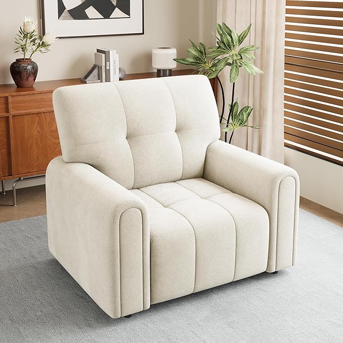 EJUNQ Mid-Century Oversized Accent ChairModern Upholstered Living Room ChairsWide Comfy Reading Chair for AdultsTraditional Single Couch Armchairs for Living Room/BedroomIvory