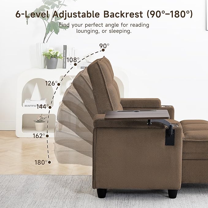Single Modern Comfy Upholstered Chaise Lounge Sofa Chair with Rotating Side TableStoragePillowUSB Charging Ports and Adjustable Backrest Perfect for Living Room Small Spaces (Coffee)