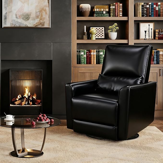 GAOMON Swivel Rocking Recliner Chair Manual Leather Recliner Glider with Lumbar Support &amp Padded Armrest Comfortable Rocker Nursery Single Sofa for Living Room and Bedroom (Charcoal)