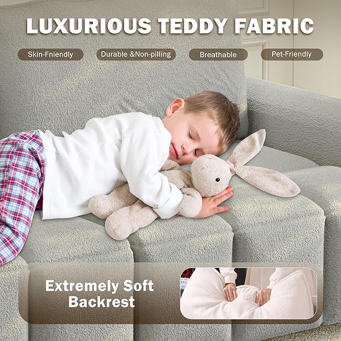 90.2 Futon Sofa Bed King 3-in-1 Teddy Convertible Sofa Upholstered Loveseat Couch with Pull Out Bed L Shape Couches Small Spaces Deep Seat Storage for Living Room Apartment Light Grey