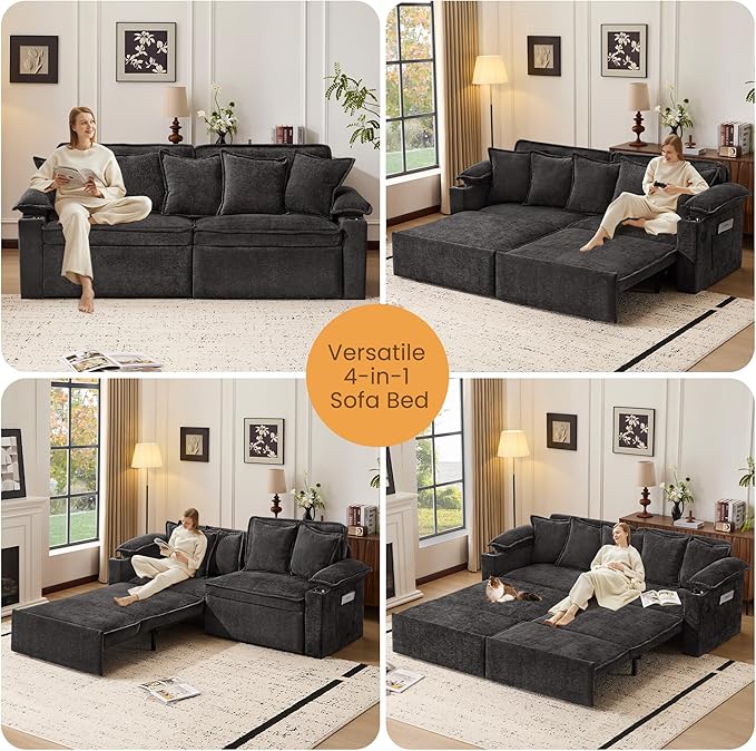 SUNWAVE 83 King Size Pull Out Sofa Bed 4-in-1 Convertible Sleeper Sofa Bed with USB Ports Cup Holders Side Pockets Corduroy Oversized Loveseat Chaise Lounge for Living Room Small Space