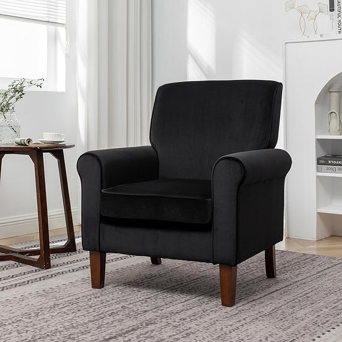 Classic Accent Armchair with Birch Wood Frame and Comfortable Rolled Armrests Arm Chairs for Living Room Bedroom and Office Decor Black