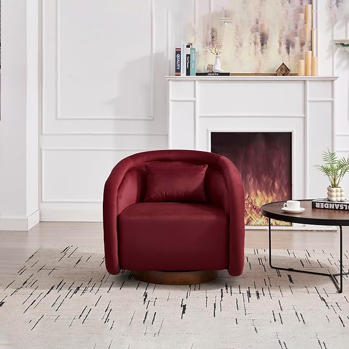 Swivel Accent Chair 360-Degree Rotating Barrel Chair with Soft Velvet Upholstery Comfy Pumpkin-Shaped Lounge Chair for Living Room Bedroom Office (Wine Red)