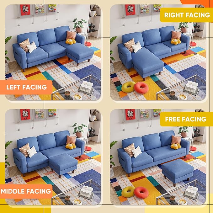 YESHOMY Couches for Living Room Sofa with Movable Ottoman Small Couch with Reversible Chaise and Side Pockets L Shaped Couch for Small Space Apartment (Linen Fabric Blue)