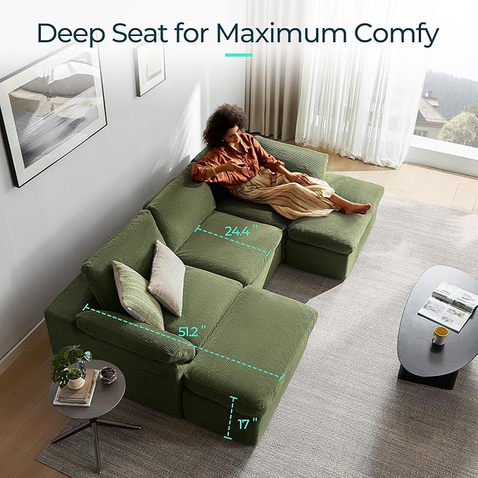 LINSY HOME 139 Modular Couch Modern Boneless Cloud Couch U Shaped Sofa with Movable Ottomans Deep Seat Corduroy Sectional Couches for Living Room Apartment No Assembly Required Green