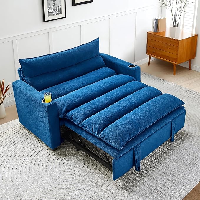56.3 Convertible Sleeper Sofa Bed 3 in 1 Velvet Pull Out Loveseat Couch Modern Comfy Thick Cushion Futon with Adjustable Backrest &amp 2 Cup Holders Space Saving for Living Room Small Apartment B