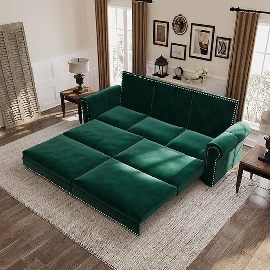 93.7 King Pull Out Sofa Bed Velvet Convertible Sleeper Couch with Nailhead Trim Oversized Mid Century Modern Chesterfield Sofa Sleeper Sectional Couch for Living Room Green