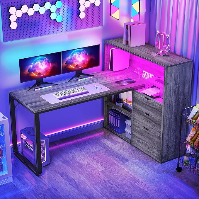 DWVO L Shaped Desk with Drawers 55 Corner Computer Desk with Bookshelf &amp Power Outlets &amp LED Lights Home Office Desk with Storage Shelves Grey