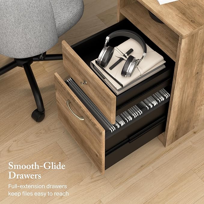 Bush Home Cabot 60W L Shaped Computer Desk with Storage in Reclaimed Pine 60-inch Corner Table with Drawers for Home Office Workspace