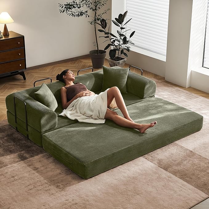 79 Modular Floor Sofa Convertible Sleeper Sofa Bed Removable Backrest Design Spacious Sleeping Area Easy Setup for Game Room Apartment (Light Green)