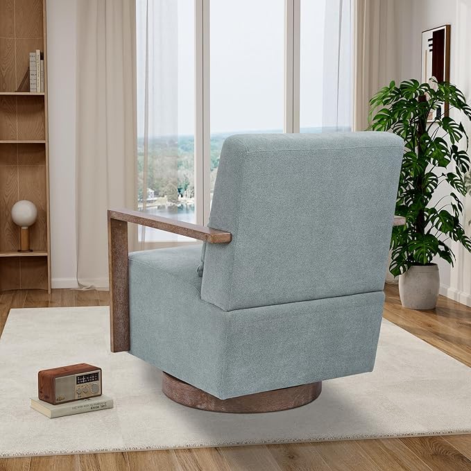 30.5 W Swivel Modern Fabric Upholstered Accent Chair with Solid Wood Armrests Comfy Lounge Reading Chair Side Armchair for Hotel Bedroom Living Room Office Nursery Room (Pale Green Linen)