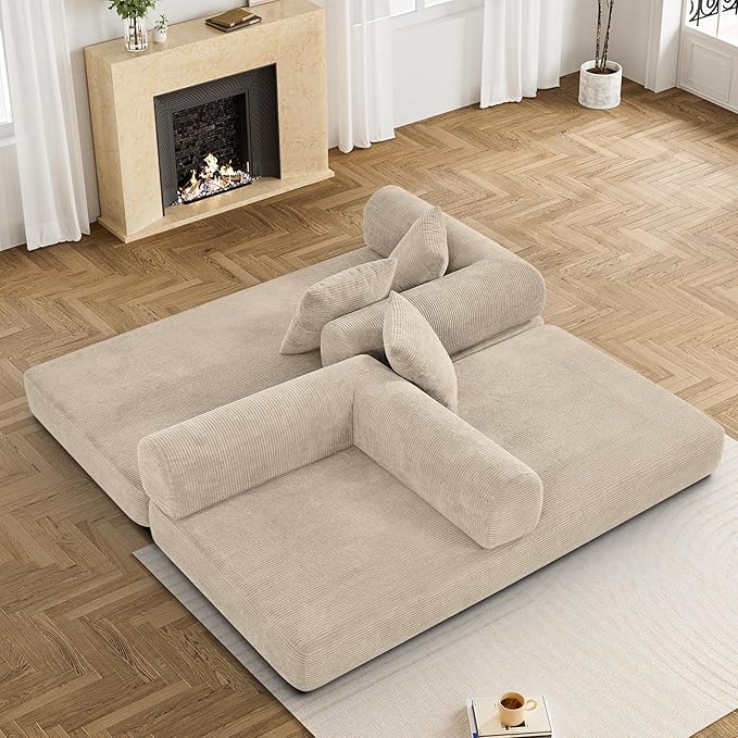 Convertible Sofa Bed Corduroy Memory Foam Compression Sofa Modular Floor Sofa with Pull-Out Bed Compressed Couch in Box Folding Sleeper Couches Bed for Living Room Bedroom Lounge Light Brown