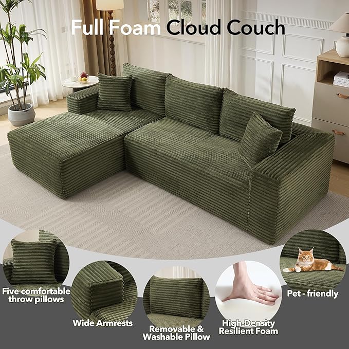 108'' Modular Sectional SofaComfy Cloud Couch with L Shaped ChaiseModern Deep Seat Boneless Couch for Living Room3 SeaterNo Assembly Required (Left-Facing ChaiseGreen)