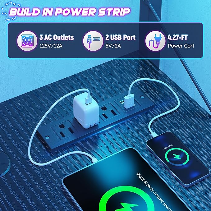 L Shaped Desk Gaming Desk with LED Light &amp Power Outlet 43.3 Inch Reversible L Shaped Computer Desk with Shelf &amp Storage Bag &amp Hook for Home Office Black