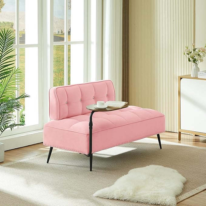 KEIKI 54 2Seat Velvet Loveseat Sofa Couch Rotating Side Table Memory Foam for Feminine Retreat Home Office Style Conscious Glam Seekers Cozy Warm Perfect for Entertaining Refined Design Pink