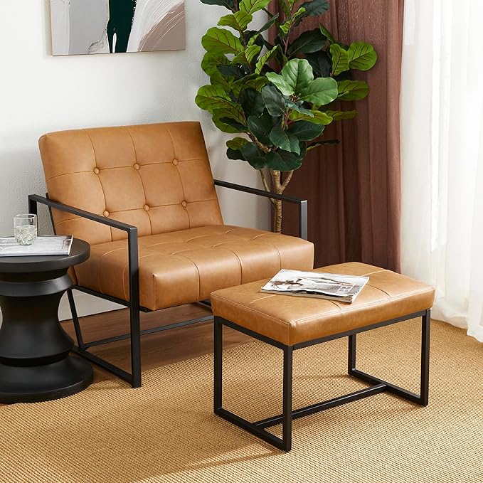Glitzhome Accent Chairs with Ottoman Mid Century Modern Lounge Armchair with footrest with PU Leather &amp Metal Frame for Living Room Bedroom Apartment Office Light Brown