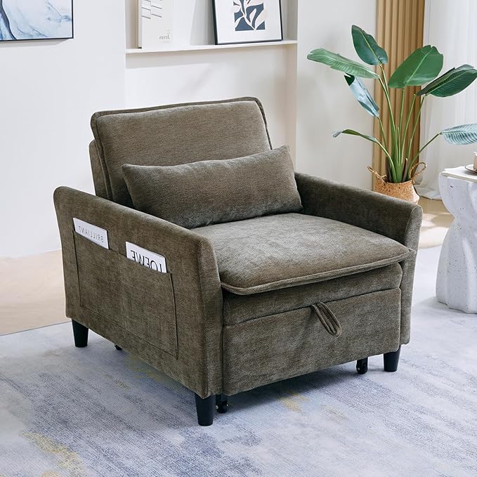 Sleeper Chair Pull Out BedChenille 3 in 1 Convertible Sleeper Couches Single Sofa Chair with Adjustable Backrest for Living Room Bedroom Small Spaces (Olive Green)