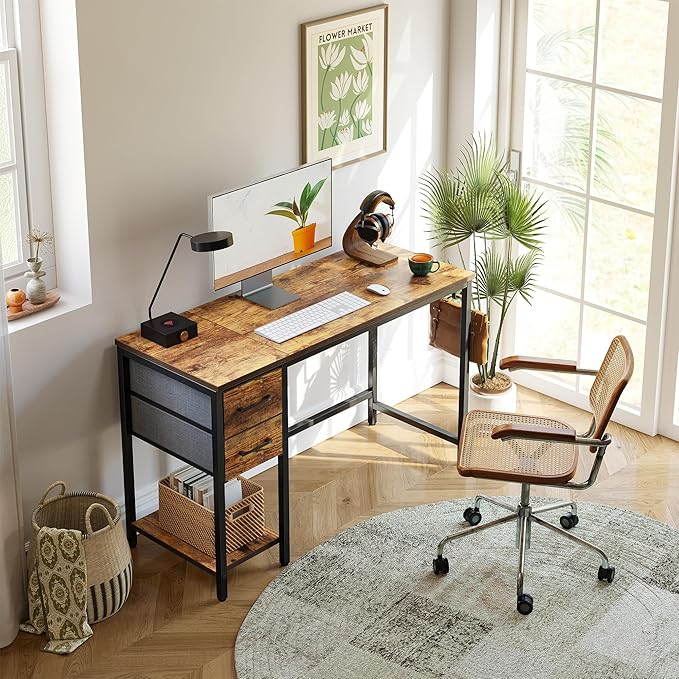 CubiCubi Computer Desk with 2 Drawers 47 Inch Small Home Office Desk with Storage Study Writing Table Rustic Brown
