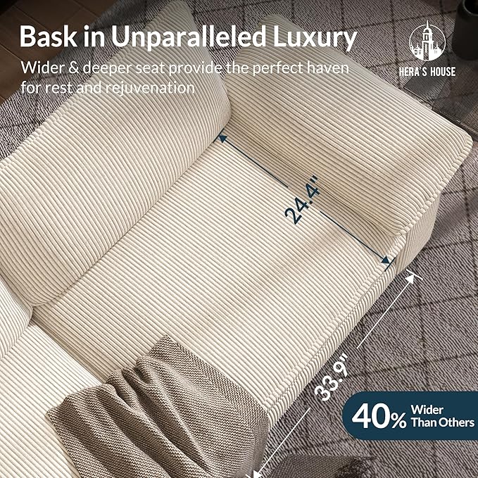 HERA'S HOUSE 124 Modular Sectional Sofa Oversized L Shaped Couches for Living Room Comfy Cloud Couch with Ottoman 4-Seater Deep Seat Sofa with Throw Pillow Corduroy Beige