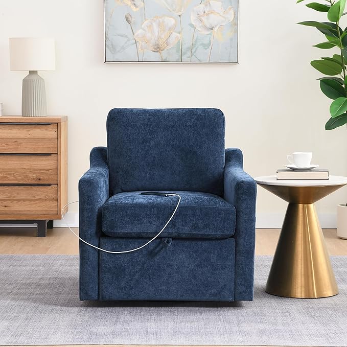 Swivel Accent Chair 360° Swivel Comfy Upholstered Seat for Living Room Bedroom Office with Hidden Storage &amp Dual USB-C Ports Chenille Fabric 300lbs Capacity Navy Blue