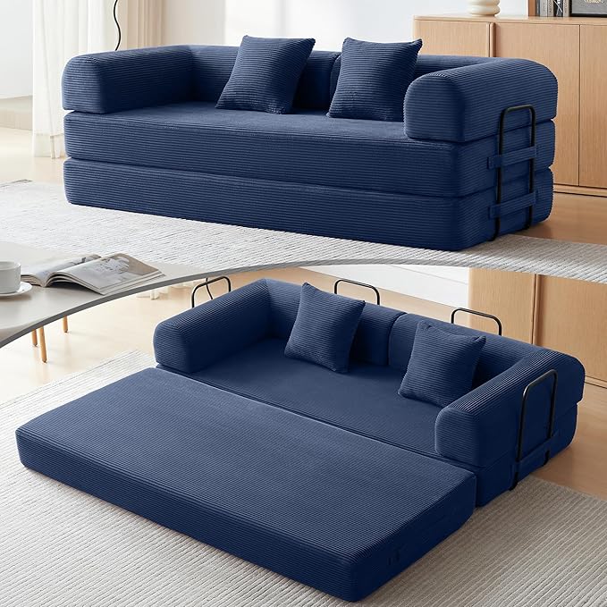 Convertible Sofa Bed with Corduroy PillowComfy Floor Sofa Bed Compressed Sofa in Box Convertible Sofa Bed for Living Room Bedroom Lounge Studio Comfy High Density Foam Mattress(Navy Blue)