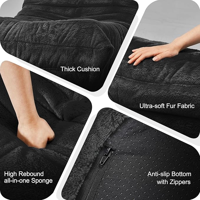 Bean Bag Chairs for Adults Giant Bean Bag Chair Memory Foam BeanBag Chair Bean Bag Sofa with Filler Faux Fur Fireside Beanbags Lazy Sofa for Living Room Bedroom Office (Black Plush Single)