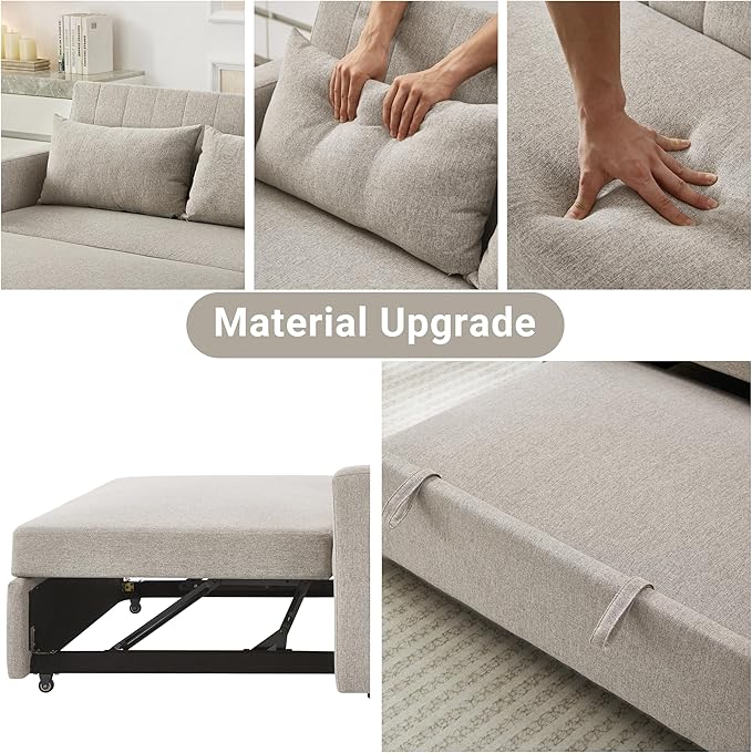 55.5 Fabric Convertible Sofa Bed Pull Out Sleeper Sofa Bed Loveseat Couch with Side Pocket 3 in 1 Convertible Sleeper Sofa Bed for Living Room Apartment Bedroom RV Light Grey