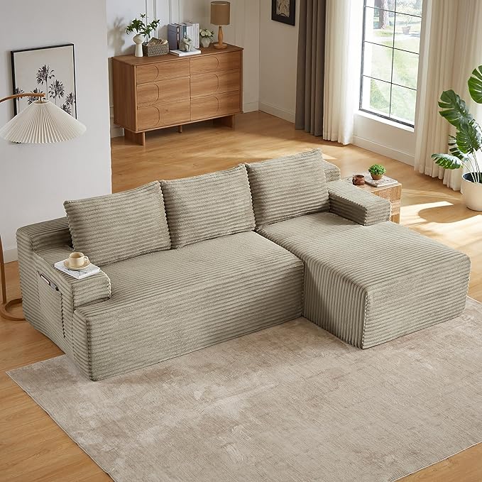 Modern Corduroy Modular Sectional Sofa96.1 Minimalist Style L-Shaped 3 Seat Couch with Side Storage PocketsComfortable Chaise Lounge for Living RoomReception AreaCamel Right Chaise Lounge