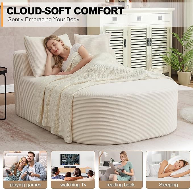 Boneless CouchComfy Fluffy Sofa BedUpholstered Sleeper Sofa with Throw Pillows and ArmrestsCorduroy Plush Cloud Lounge Chair (Beige 67 Chaise Lounge Chair)