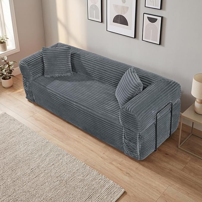 83'' Boneless Couch in A Box No Assembly Needed Sofa Bed Couch 3 Seater Corduroy Modern Cloud Sofa 29'' Deep Seat with 2 Pillows &amp Removable Backrest for Living Room Bedroom Apartment Gray | N