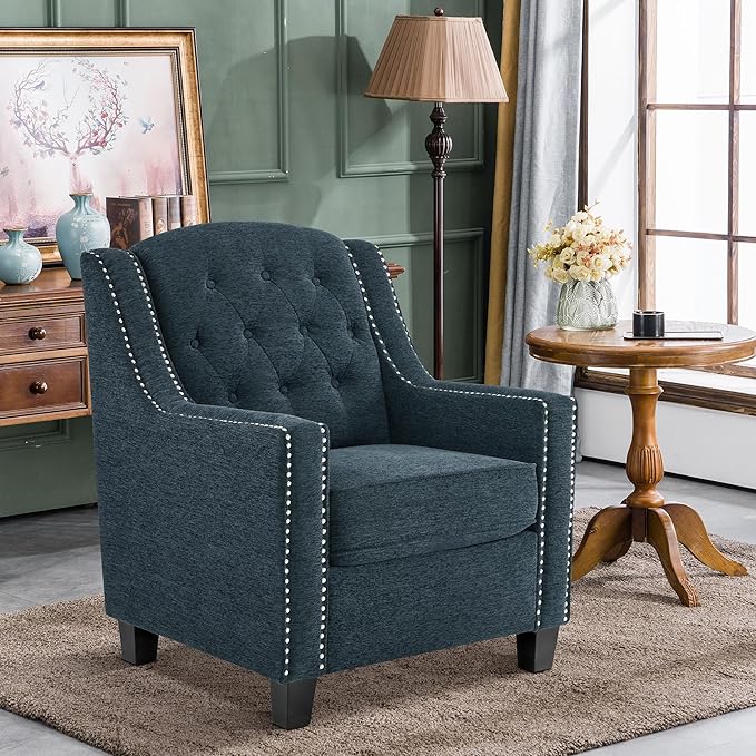 MCombo Modern Accent Chair with High Legs Chenille Upholstered Single Sofa Chair with Tufted Button Back &amp Ergonomic Armrests Solid Wood Legs for Living Room Bedroom 4260 (Light Blue)