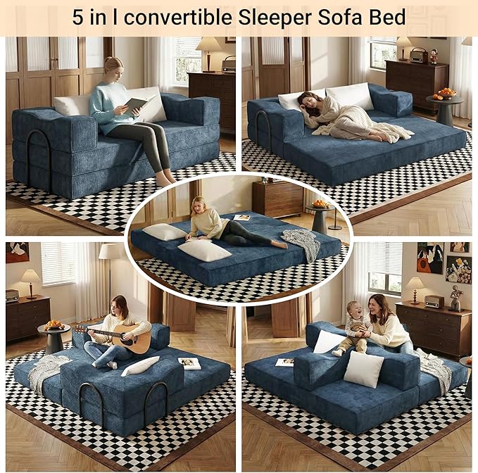 80 Foldable Chenille Futon Sofa Bed 4-in-1 Convertible Couch with 2 Pillows King-Size Floor Lounger for Living Room Guest Room Dorm - No Assembly (Blue 80in)