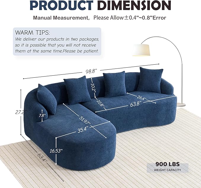 99 Curved Sectional Sofa with Chaise Modern Luxury Chenille Cloud Couch for Living Room Heavy Duty Oversized Deep Seat 3-Seater 700lbs/Seat Weight Capacity No Assembly Antique Blue
