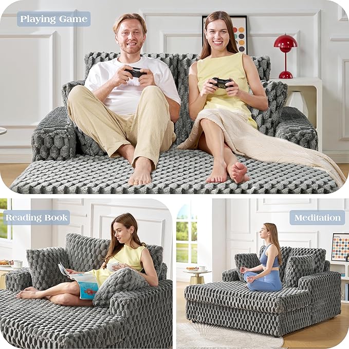 VanAcc 58 Upholstered Chaise Lounge Plush Sleeper Chair Sofa Bed with Throw Pillows &amp Armrests Sleeper for Living Room Ash Grey