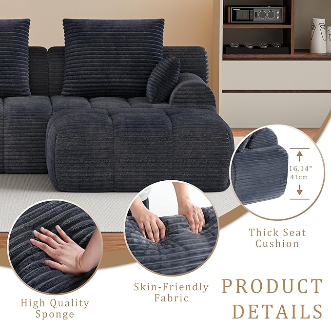 Chogori Corduroy Modular Sectional Sofa 118 Inch Boneless Cloud Couch with High Density Memory Foam Tufted L-Shaped Sofa for Living RoomNo Assembly (Gray)