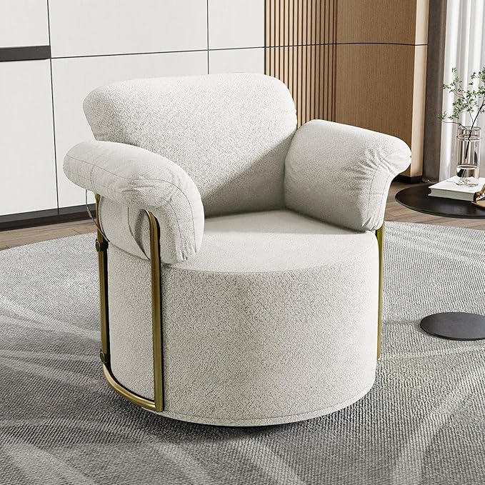 Swivel Accent Chair 360° Bouclé Barrel Chair with Sturdy Metal Frame White Round Accent Chair with Deep Seat &amp Thick Armrests Soft Reading Lounge Chair for Bedroom Living Room Office