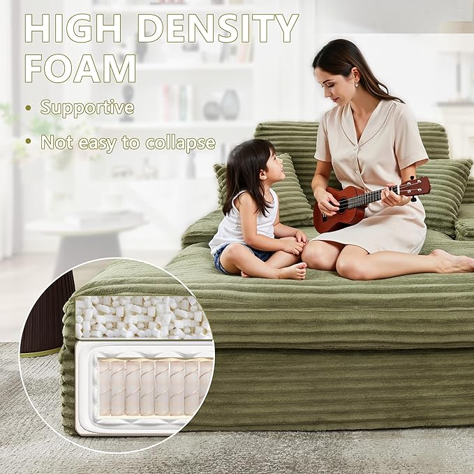 Hanherry 54x71 Oversized Chaise Lounge Sofa Chair Indoor Corduroy Memory Foam Couch Plush Reading Chair Upholstered Sofa Bed Couches with 2 Throw Pillows for Living Room Bedroom No Assembly